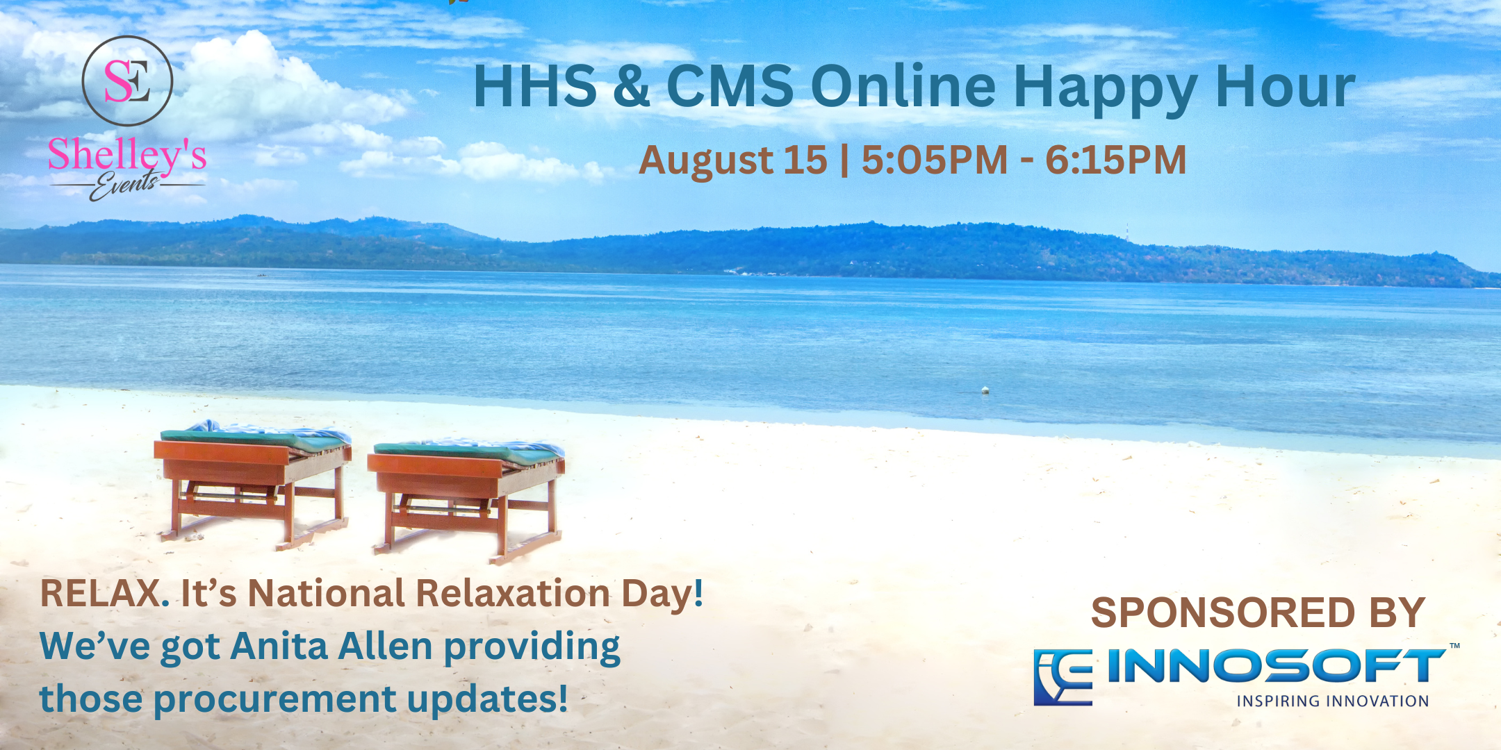 HHS & CMS Online Happy Hour (Cover Image of relaxing Sandy Beach)